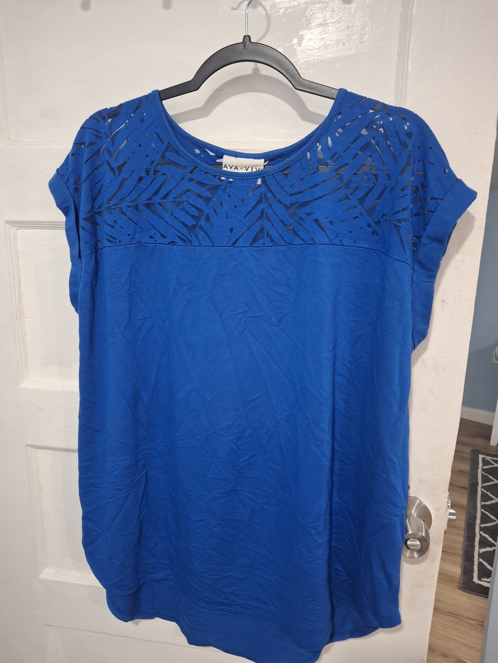 AVA & VIV Blue Short Sleeve Cutout Yoke Top